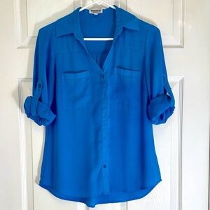 Express Portofino Bright Blue Button-Up Women’s Top with Roll-Up Sleeves